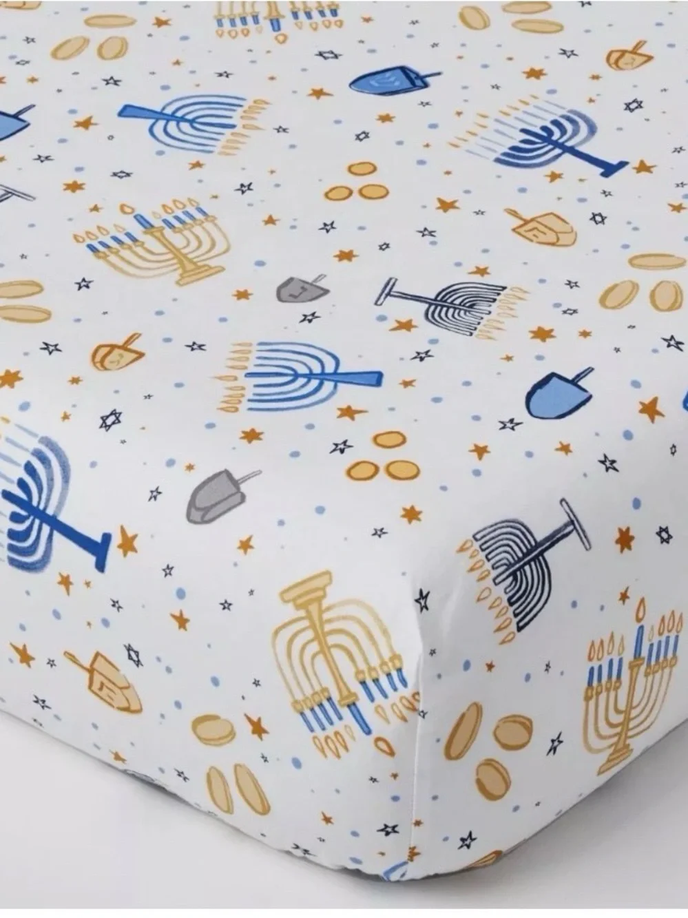Pottery Barn Kids White Crib Sheet with Blue and Gold Hanukkah Motifs